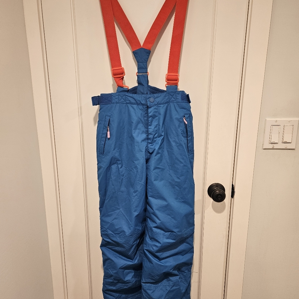 Mini Boden (13 -15) Blue Snow Pants with Orange Suspenders and Pink Zippers